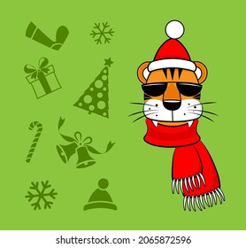 Animal symbol of the new year - cool orange tiger in sunglasses, red hat and scarf, set of green christmas elements, vector illustration