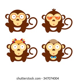 Animal symbol of New Year. Monkye icon set. Cartoon monkeys babies brown color. Collections of funny animals in clothes. Chimpanzee girls and boys on isolated background