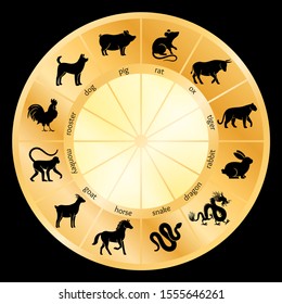 Animal symbols chinese calendar circle. China horoscope animals zodiac vector illustration, asian vector beast characters wheel like dog and ox, monkey and dragon