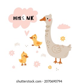 Animal talks. Cute goose with goslings. Parent and