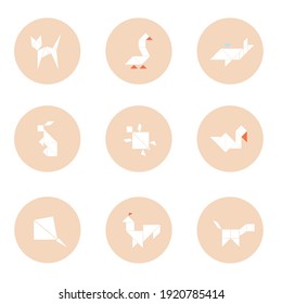 Animal tangram icon set from geometry shapes on a circle background. Highlight covers. Nine icons. Education for the children. Alternative communication.