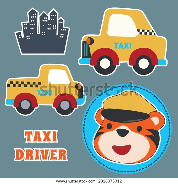 Animal taxi driver,\
vector cartoon illustration. Creative vector childish background\
for fabric, textile, nursery wallpaper, poster, card, brochure. and\
other decoration.