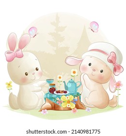 Animal tea party illustration woodland friends having a picnic