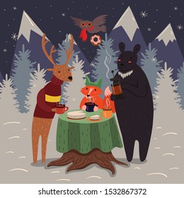 Animal tea party in the winter forest