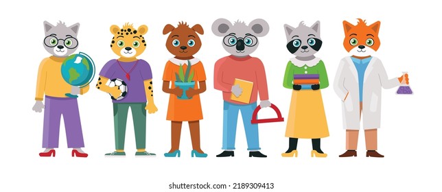 Animal Teacher Character Collection: Wolf Geography, Jaguar Gym , Dog Biology, Koala Math And Geometry, Raccoon Teacher And Fox Chemistry.