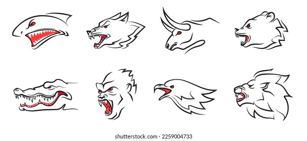 Animal teeth sport car decal. Aggressive shark jaws, lion sticker and wolf mouth. Extreme alligator, angry bear, eagle, bull and gorilla vector set. Furious beasts showing strength