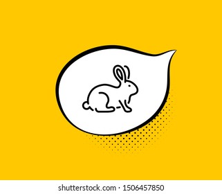 Animal tested line icon. Comic speech bubble. Bio cosmetics sign. Fair trade symbol. Yellow background with chat bubble. Animal tested icon. Colorful banner. Vector