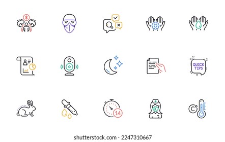 Animal tested, Moon and Celsius thermometer line icons for website, printing. Collection of Safe water, Inspect, Medical mask icons. Sharing economy, Speaker, Employee hand web elements. Vector