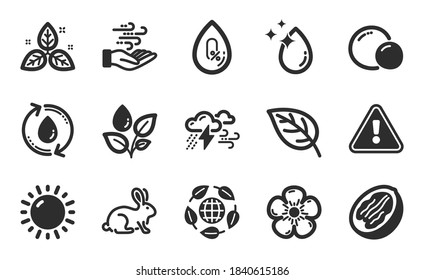 Animal tested, Sunny weather and Bad weather icons simple set. No alcohol, Eco organic and Wind energy signs. Pecan nut, Water drop and Fair trade symbols. Peas, Refill water and Leaf. Vector
