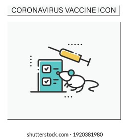 Animal testing color icon. Preclinical vaccine studies. Syringe and rat. Cure search, vaccine development. Stop coronavirus pandemic. Fight against Covid19 disease. Isolated vector illustration