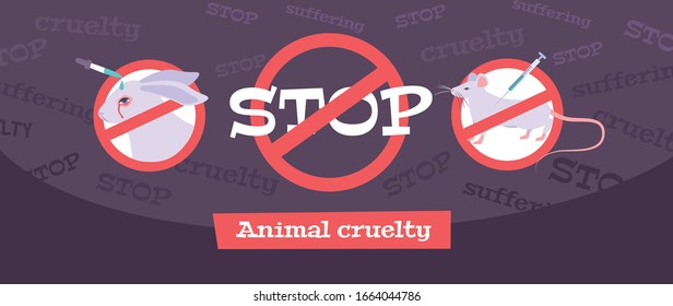 Animal testing concept with animal cruelty symbols flat vector illustration