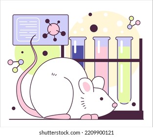 Concepto de prueba animal. Ingeniería genética y modificación de animales. Científico haciendo pruebas de medicamentos y experimentos con ratas o ratones. Ilustración vectorial plana