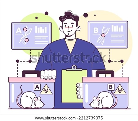 Animal testing concept. Genetic engineering and modification of animals. Scientist doing medications tests and experiments on rat or mouse. Flat vector illustration