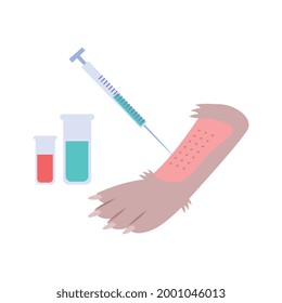 Animal testing experiment flat icon with dog paw syringe and laboratory tubes vector illustration