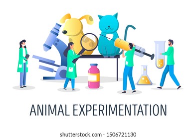 Animal testing or experimentation, vector illustration. Animal research or in vivo testing concept with characters for web banner, website page etc.
