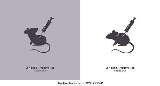 Animal testing icon, vector illustration. Laboratory mouse with syringe, experimental injection of vaccine or drug. Rat silhouette isolated on white background.