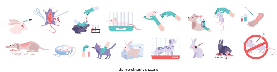 Animal testing icons set with experiment symbols flat isolated vector illustration