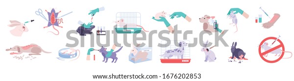 Animal testing icons set with experiment\
symbols flat isolated vector\
illustration