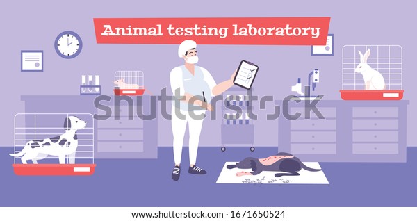 Animal testing laboratory background with\
experiment symbols flat vector\
illustration