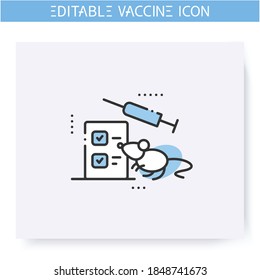 Animal testing line icon. Preclinical vaccine studies. Syringe and rat. Cure search, vaccine development. Stop coronavirus. Fight against Covid19 disease. Isolated vector illustration. Editable stroke