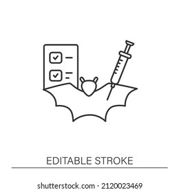  Animal testing line icon. Preclinical vaccine studies. Injection to bat. Vaccine concept. Isolated vector illustration.Editable stroke