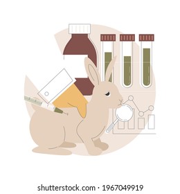 Ensayos animales de medicamentos abstractos concepto de ilustración vectorial. Prueba de fármacos, conejo de laboratorio, experimento de laboratorio, investigación médica científica, tratamiento de enfermedades, análisis de metáforas abstractas.