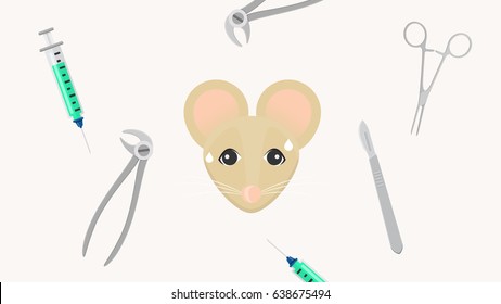 animal testing toxic injection substance scalpel scissors afraid mouse flat design