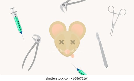 animal testing toxic injection substance scalpel scissors dead mouse flat design
