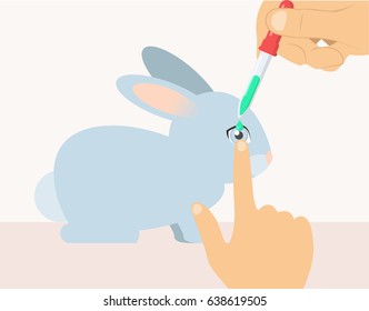 animal testing toxic substance into the eye of a bunny flat design