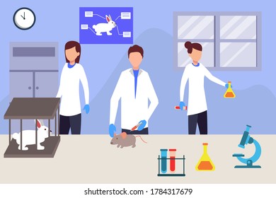 Animal testing vector concept: portrait of scientist group doing experiment on rabbit and rat