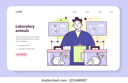 Banner web o página de aterrizaje para pruebas con animales. Ingeniería genética y modificación de animales. Científico haciendo pruebas de medicamentos y experimentos con ratas o ratones. Ilustración vectorial plana