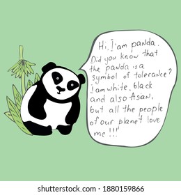 The animal that is a symbol of tolerance is the black and white Asian panda. Illustration with bamboo on an olive background. international day of tollerance. november 16.
