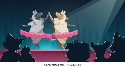 Animal theater with sheeps in tutu dancing ballet on stage. Vector cartoon humor illustration of theatre show with dance of two sheeps ballerinas in pink skirts and silhouettes of audience animals