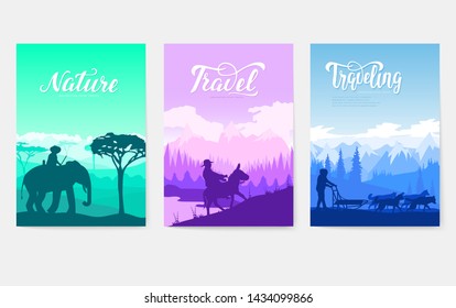 Animal in their natural habitat set. Movement on animals in different cultures of the earth. People of various nationalities. World cultural differences of nation. Pets in many countries