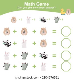 Animal theme Math Game for Preschool. Educational printable math worksheet. Additional and subtraction math for kids. Vector file.