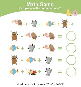 Tema animal Juego de matemáticas para preescolar. Hoja de cálculo de matemáticas imprimibles educacionales. Matemáticas adicionales y de resta para niños. Archivo vector.