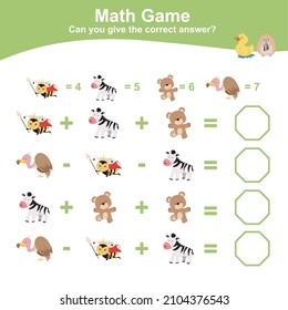 Tierthema Mathematik Spiel für Vorschulen. pädagogisches, druckbares Mathematik-Arbeitsblatt. Zusätzliche und subtraktive Mathematik für Kinder. Vektordatei.
