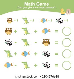 Animal theme Math Game for Preschool. Educational printable math worksheet. Additional and subtraction math for kids. Vector file.