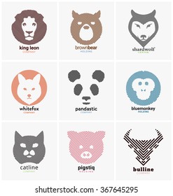 Animal themed line logo collection - Can be used for business - logo design templates made of lines - lion, bear, wolf, fox, panda, monkey, cat, pig, bull logos