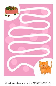 Animal themed maze puzzle game for kindergarten or preschool kids. Children activity. Search the right path way to help a cute cat find food. Vector education. Cat labyrinth. printable worksheet.