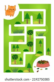 Animal themed maze puzzle game for kindergarten or preschool kids. Children activity. Search the right path way to help a cute cat find food. Vector education. Cat labyrinth. printable worksheet.