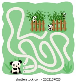 Animal themed maze puzzle game for kindergarten or preschool kids. Children activity. Search the right path way to help baby panda find bamboo. Vector education. labyrinth. printable worksheet.