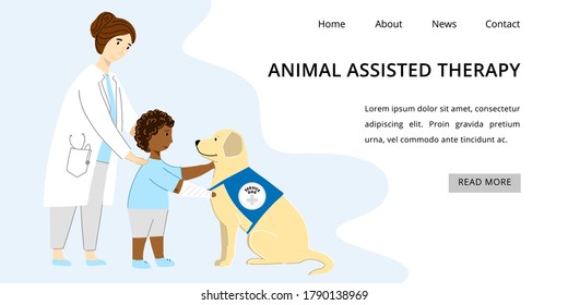 Animal Therapy Landing Page. Doctor And Service Dog On Duty Design. Curly Kid With An Arm Injury And Labrador Vector Illustration. Alternative Medical Treatment Website Template.