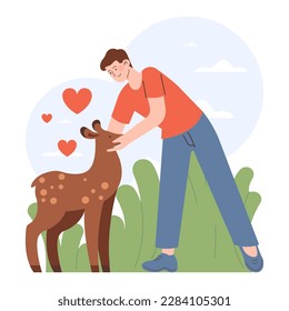 Animal therapy. Outdoor recreation. Character spending their time in the farm. Outside exploration and relaxation. Body and mind balance. Flat vector illustration