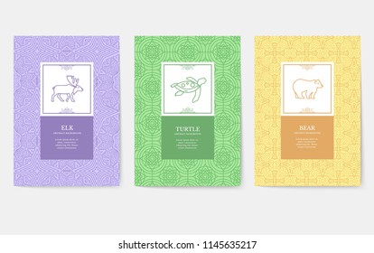 Animal  thin line brochure cards set. exotic traditional template of flyear, magazines, posters, book cover, banners. Wild life outline invitation concept background