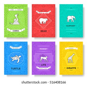 animal thin line brochure cards set. Wildlife template of flyear, magazines, posters, book cover, banners. Elements outline invitation concept background. Layout quality modern pages