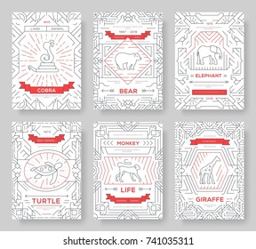 Animal  thin line brochure cards set. exotic traditional template of flyear, magazines, posters, book cover, banners. Wild life outline invitation concept background. Layout quality modern pages