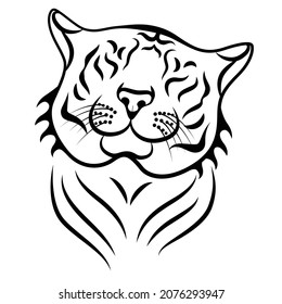 Animal Tiger head drawing. Black and white vector illustration of tiger isolated on white. Smile and kind. Linear drawing. Calligraphy drawing logo tattoo art. 