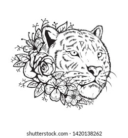 animal tiger head with floral design