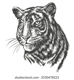 animal tiger, a large predatory cat, , hand drawn vector illustration realistic sketch